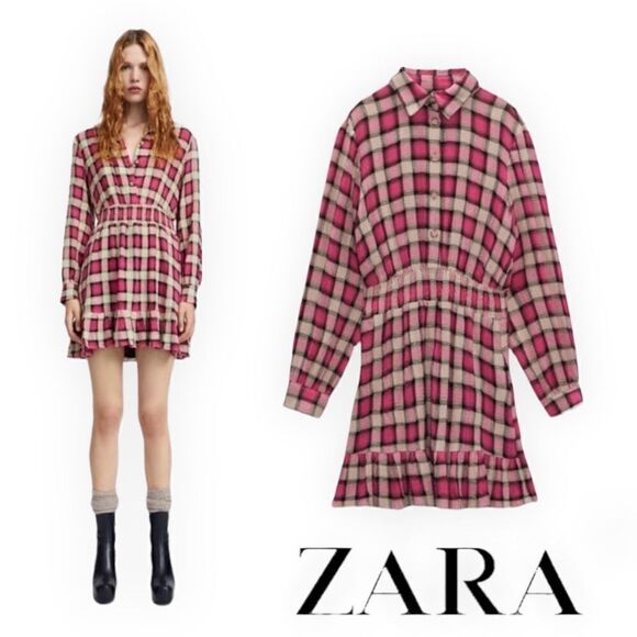 ZARA | Fuchsia | PLAID CHECKED MINI DRESS - Picture 1 of 10